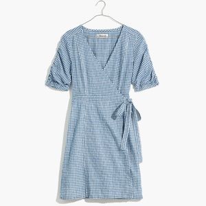 Madewell | Blue Gingham Plaid Wrap Mini Linen Cotton Dress | Size S